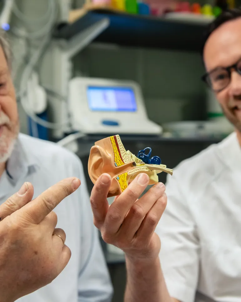 Pasient og helsepersonell ser på en modell av et øre