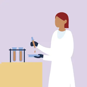 En forsker med pipette og glassflaske
