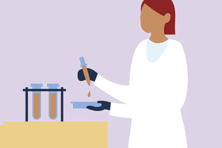 En forsker med pipette og glassflaske