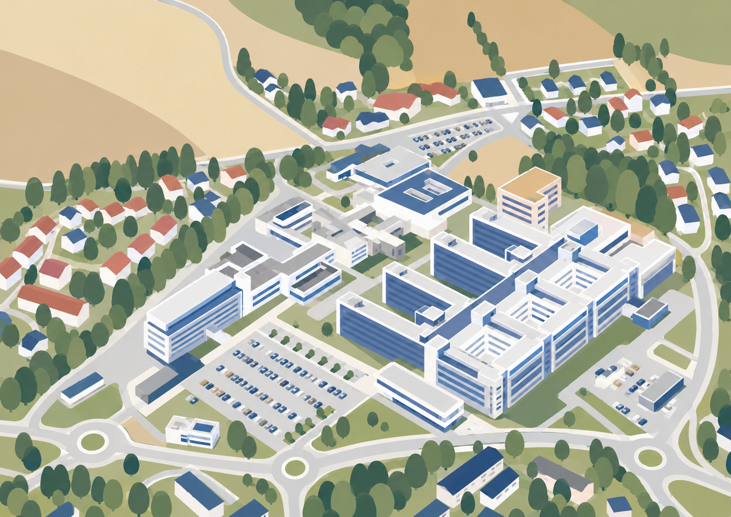 KI-generert illustrasjon av et oversiktsbilde av Ahus Nordbyhagen