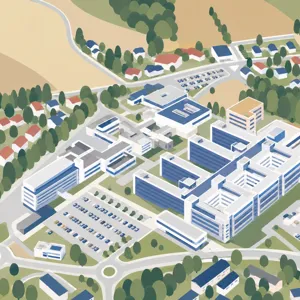KI-generert illustrasjon av et oversiktsbilde av Ahus Nordbyhagen