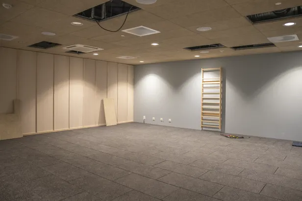 Et rom med en stige og en vegg med en stige