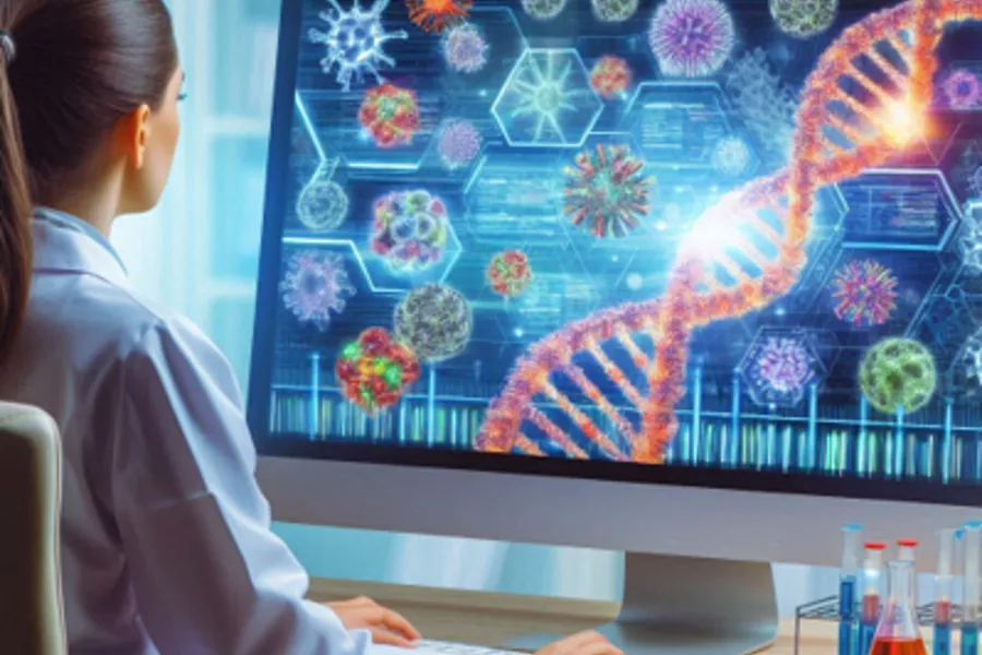 En kvinne som sitter ved et skrivebord og ser på en skjerm med dna