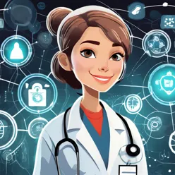 Ki-generert bilde av en kvinnelig lege med helseteknologiikoner i bakgrunnen