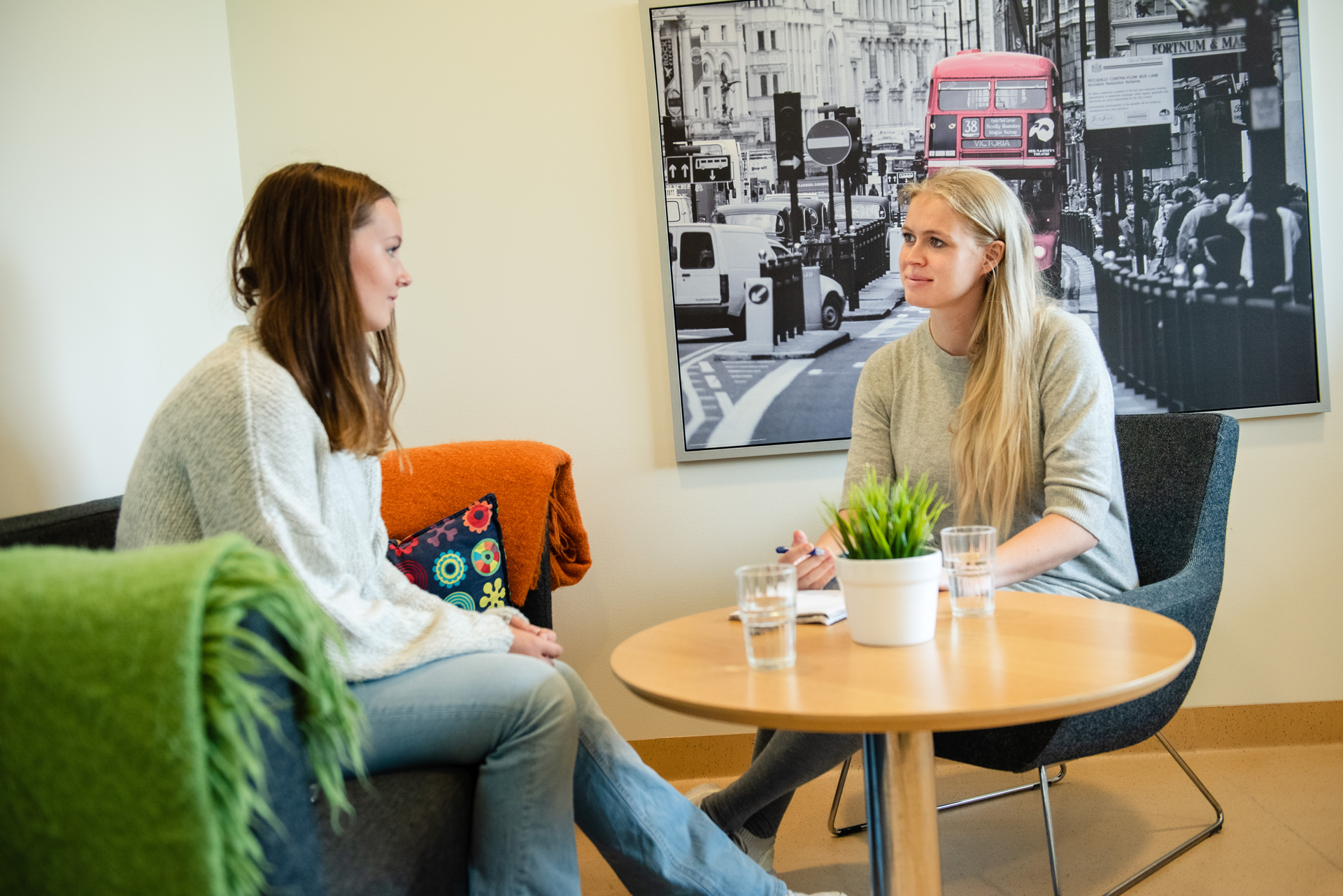 Et par kvinner som sitter ved et bord med en plante og en plakat