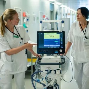 A couple of women in white coats looking at a computer screen