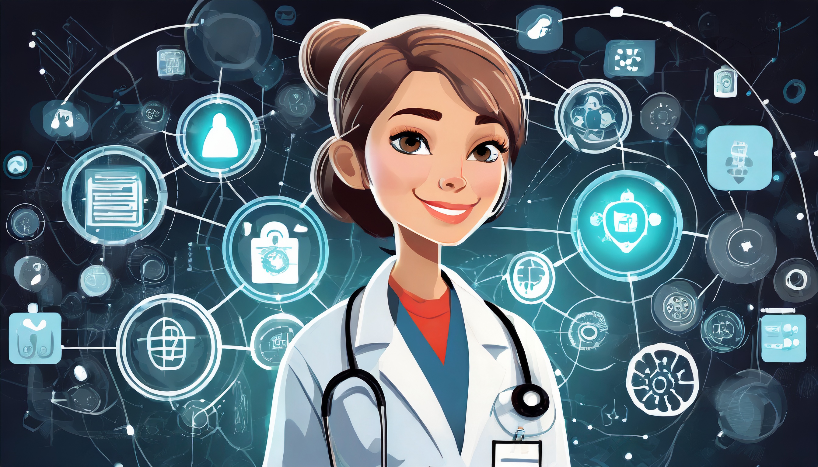 Generert bilde av en kvinne med helseikoner i bakgrunnen