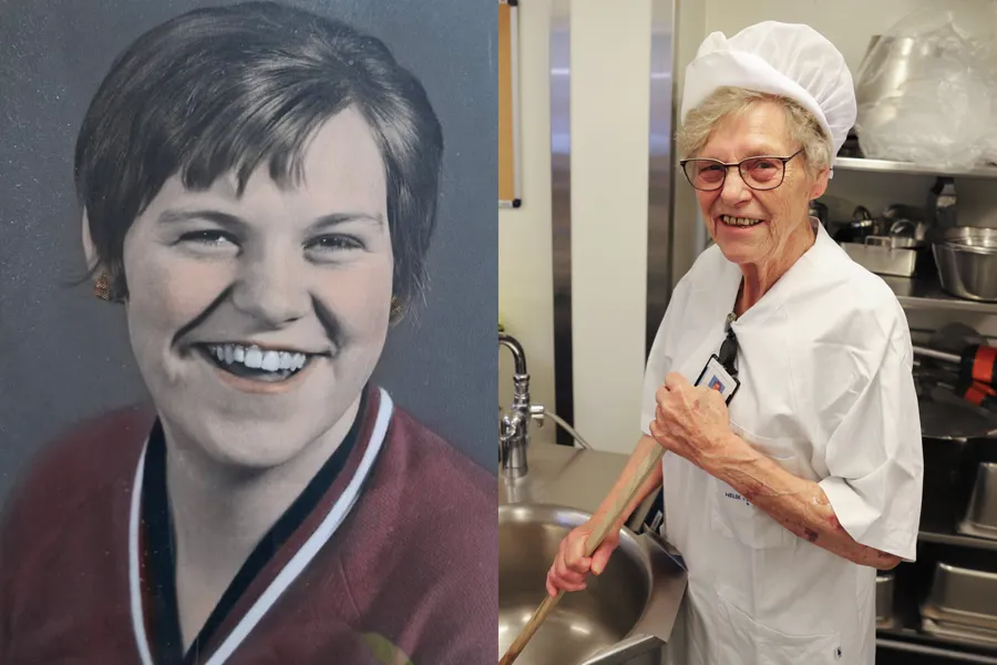 På venstre side ser vi et portrett av Randi som 17-åring. På høyre side ser vi Randi i dag, på kjøkkenet ved Kongsvinger sykehus.