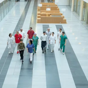 A group of people walking down a walkway