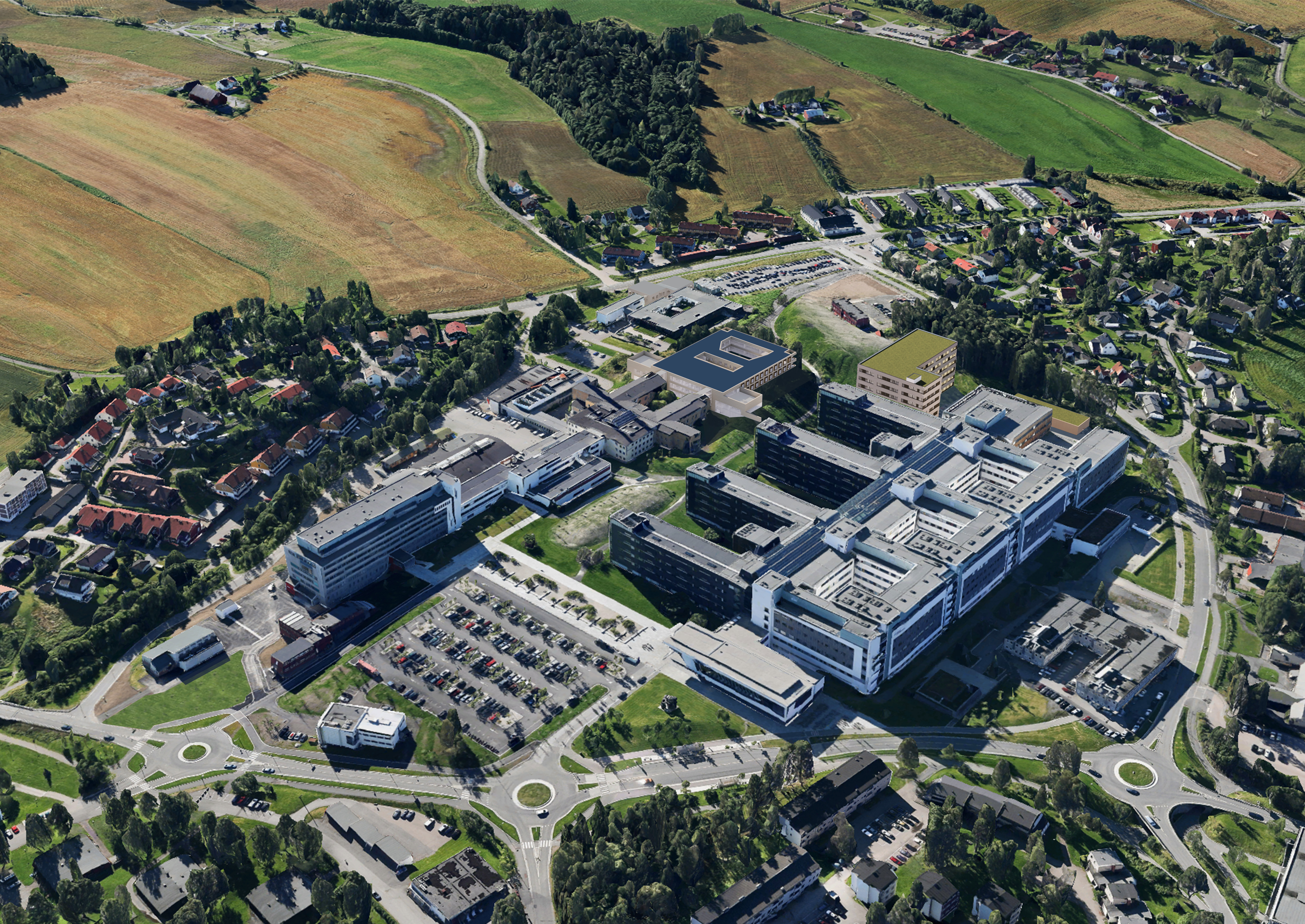 Illustrasjonsbilde av det nye somatikkbygget og resten av Ahus Nordbyhagen fra luften.