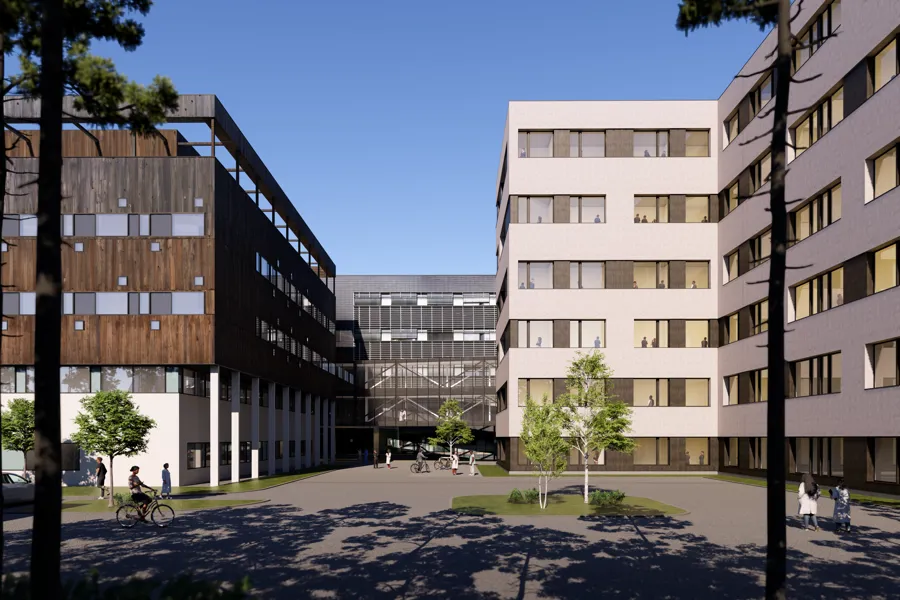 Illustrasjonsbilde av det nye bygget til høyre for barne- og ungdomsklinikken utenifra.