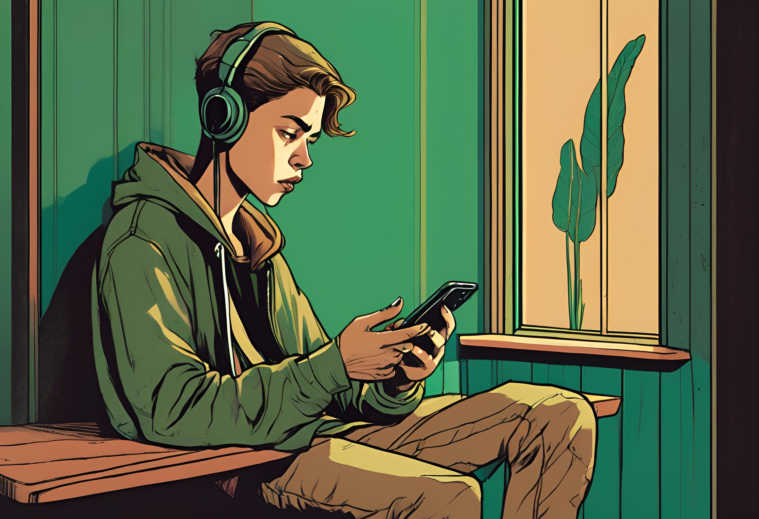 En person som har på seg hodetelefoner og holder en telefon