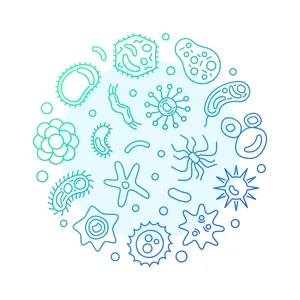 små ikoner av mikrober og bakterier
