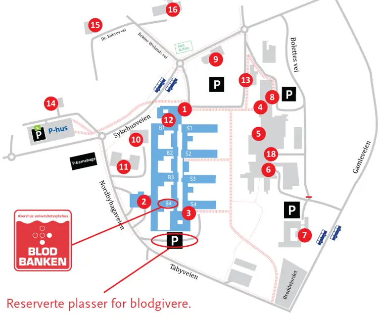 Oversiktskart over hvor blodbanken er plassert på Nordbyhagen hovedbygg og uthevet hvor de reserverte parkeringsplassene er.