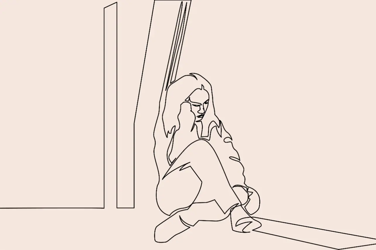 Illustrasjon av kvinne som sitter inntil en vegg