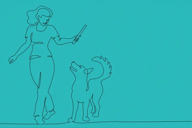 Kvinne leker med hund - illustrasjon