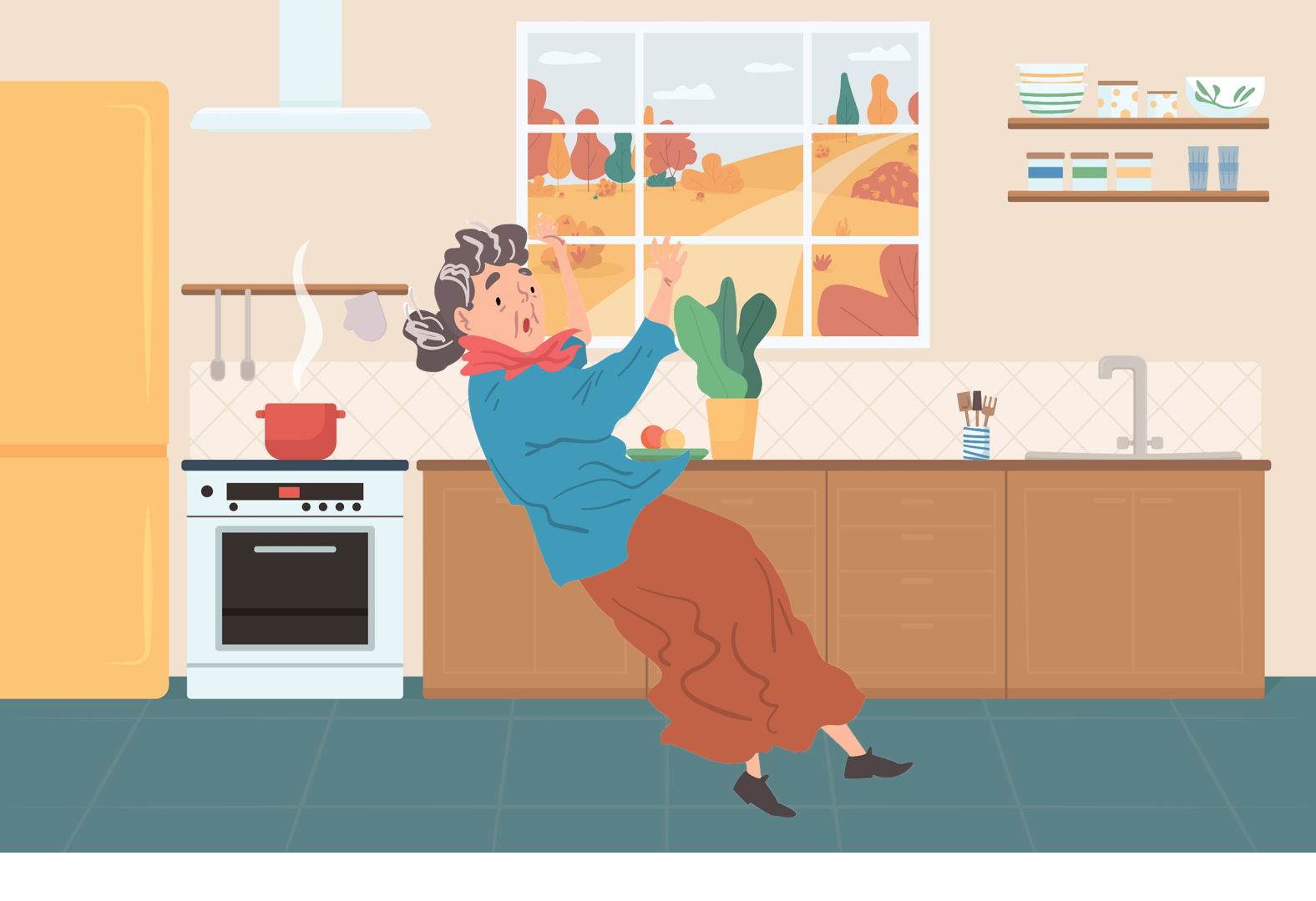 Illustrasjon av en eldre kvinne som faller på et kjøkken.