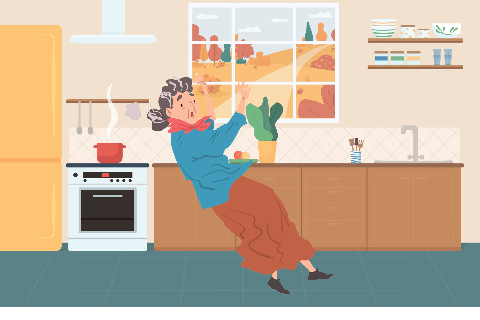 Illustrasjon av en eldre kvinne som faller på et kjøkken.