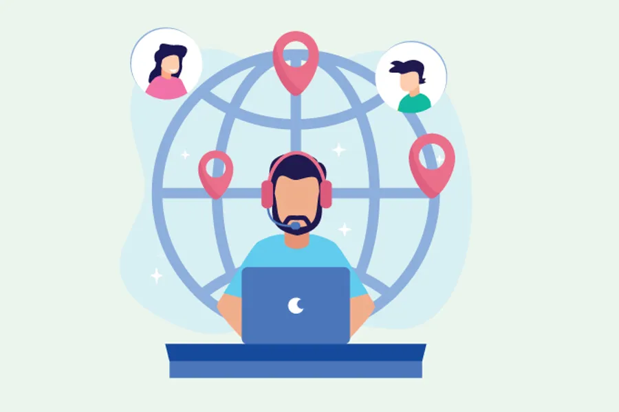 Illustration of a technical person sitting at a PC and helping others.