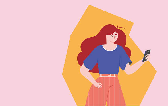 Tegnefigur av en dame som holder mobiltelefon.