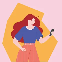 Tegnefigur av en dame som holder mobiltelefon.