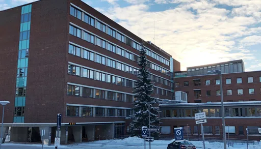 En bygning med et tre foran