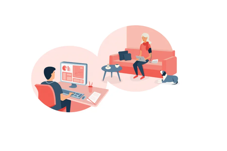 Tegnefigur av Lege som sitter på sitt kontor som tamtaler med en pasient som sitter hjemme i sofaen.